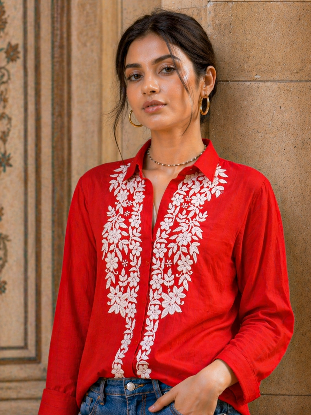 Drisha Mulmul Cotton Chikankari Shirt - Red