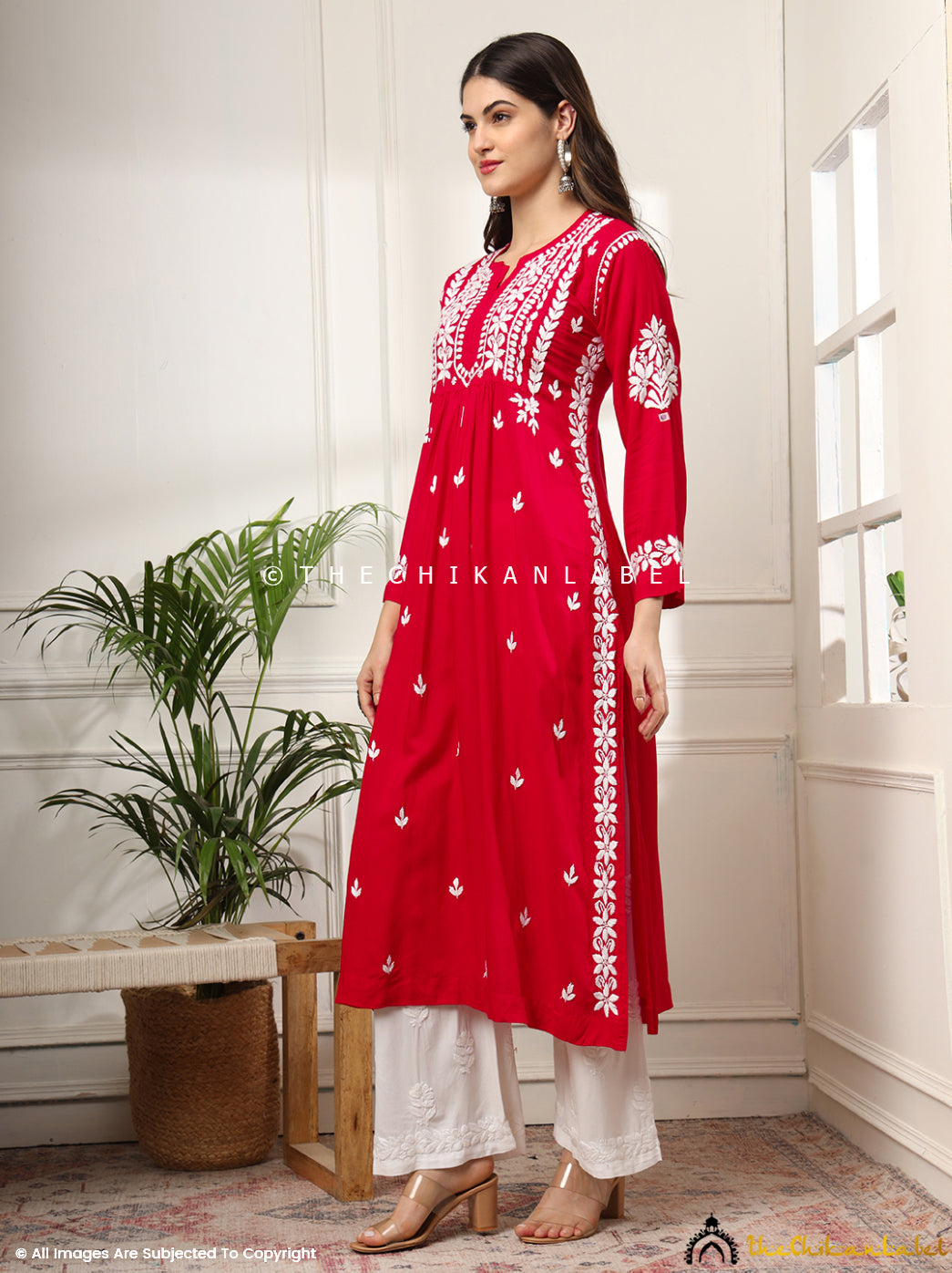 Red Aardhya Rayon Chikankari A-Line Kurti