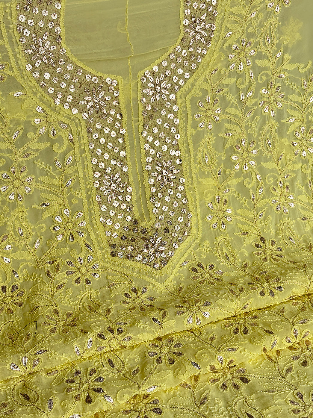 Lime Yellow Shiza Viscose Un-Stitched Chikankari Gota Patti Suit