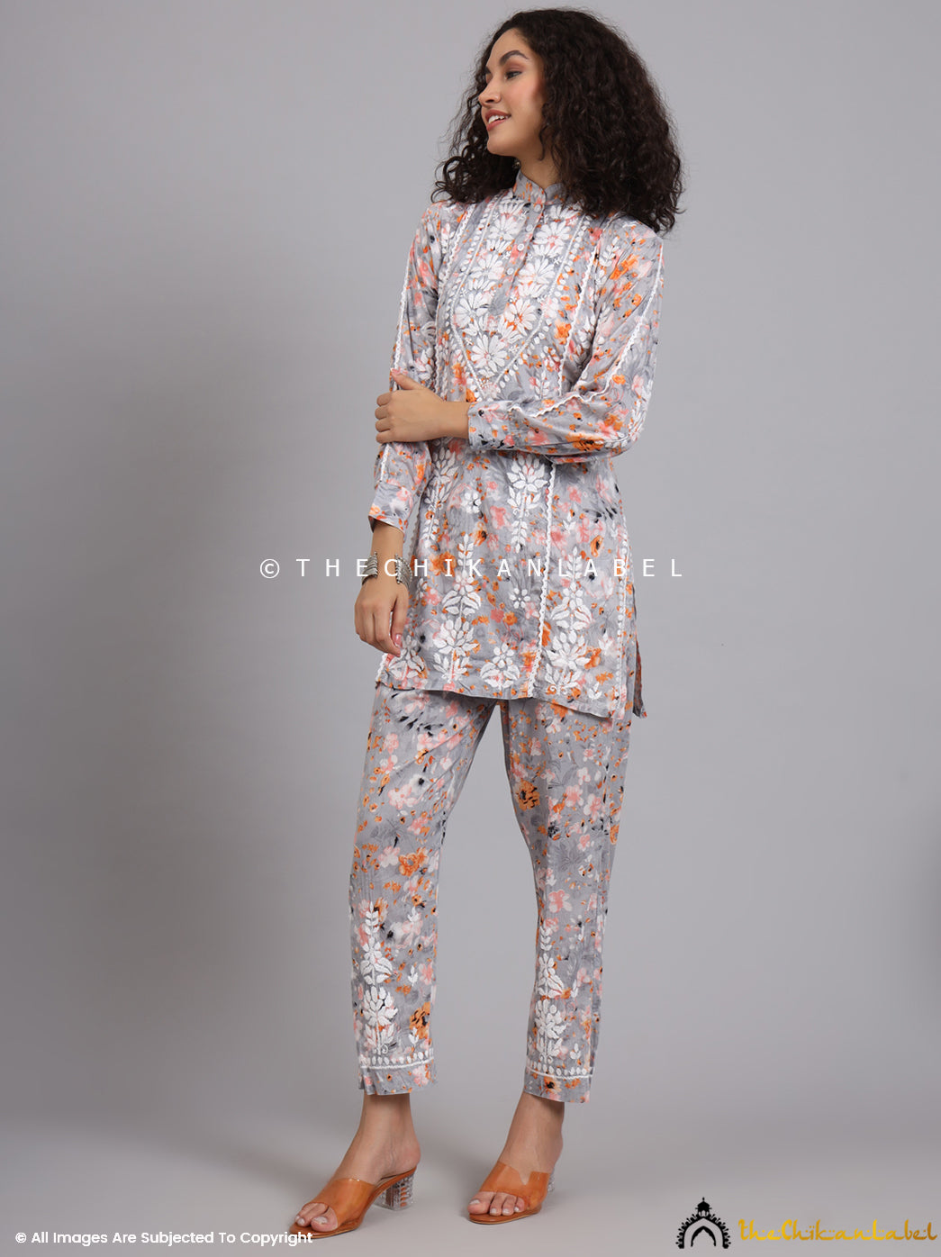 Orange Yashi Mulmul Printed Chikankari Co-ord Set