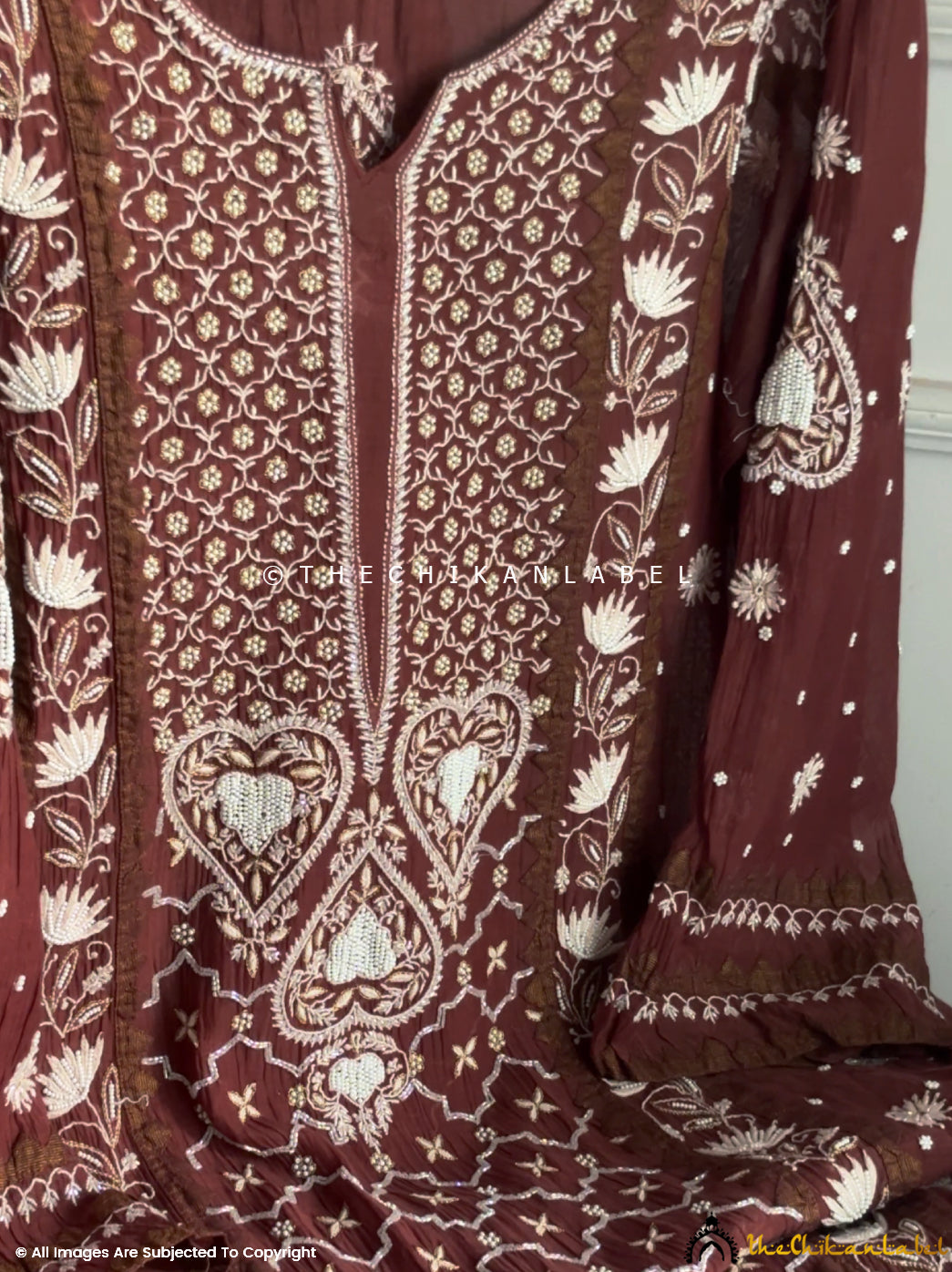 Brown Hania Mulmul Chanderi Chikankari Straight Kurta Set with Dupatta