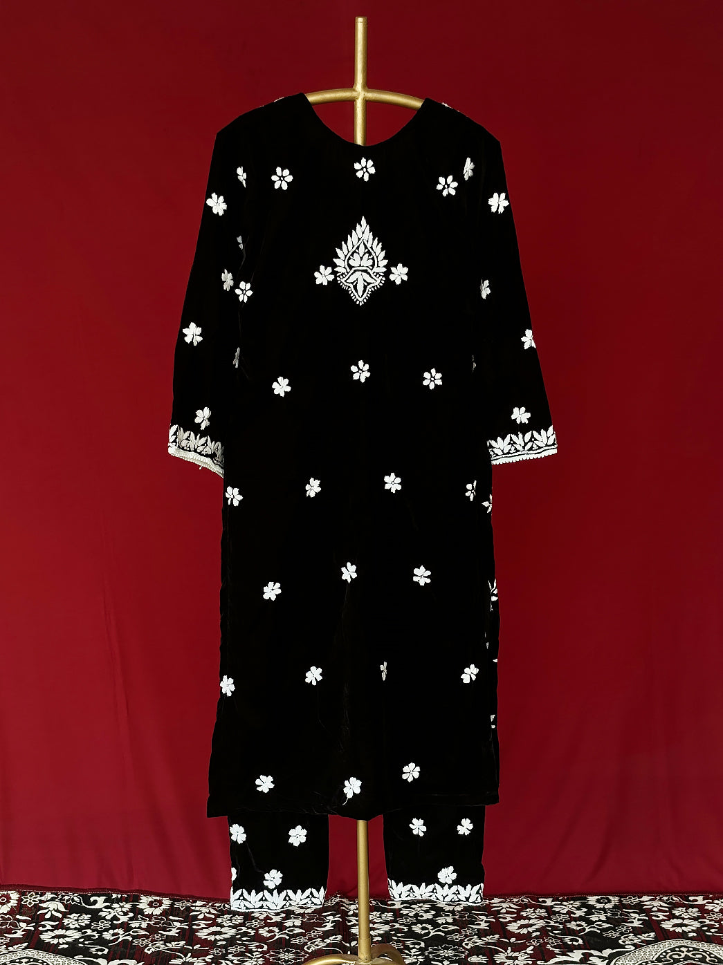 Black Vaanya Velvet Chikankari Straight Kurti Pant Set