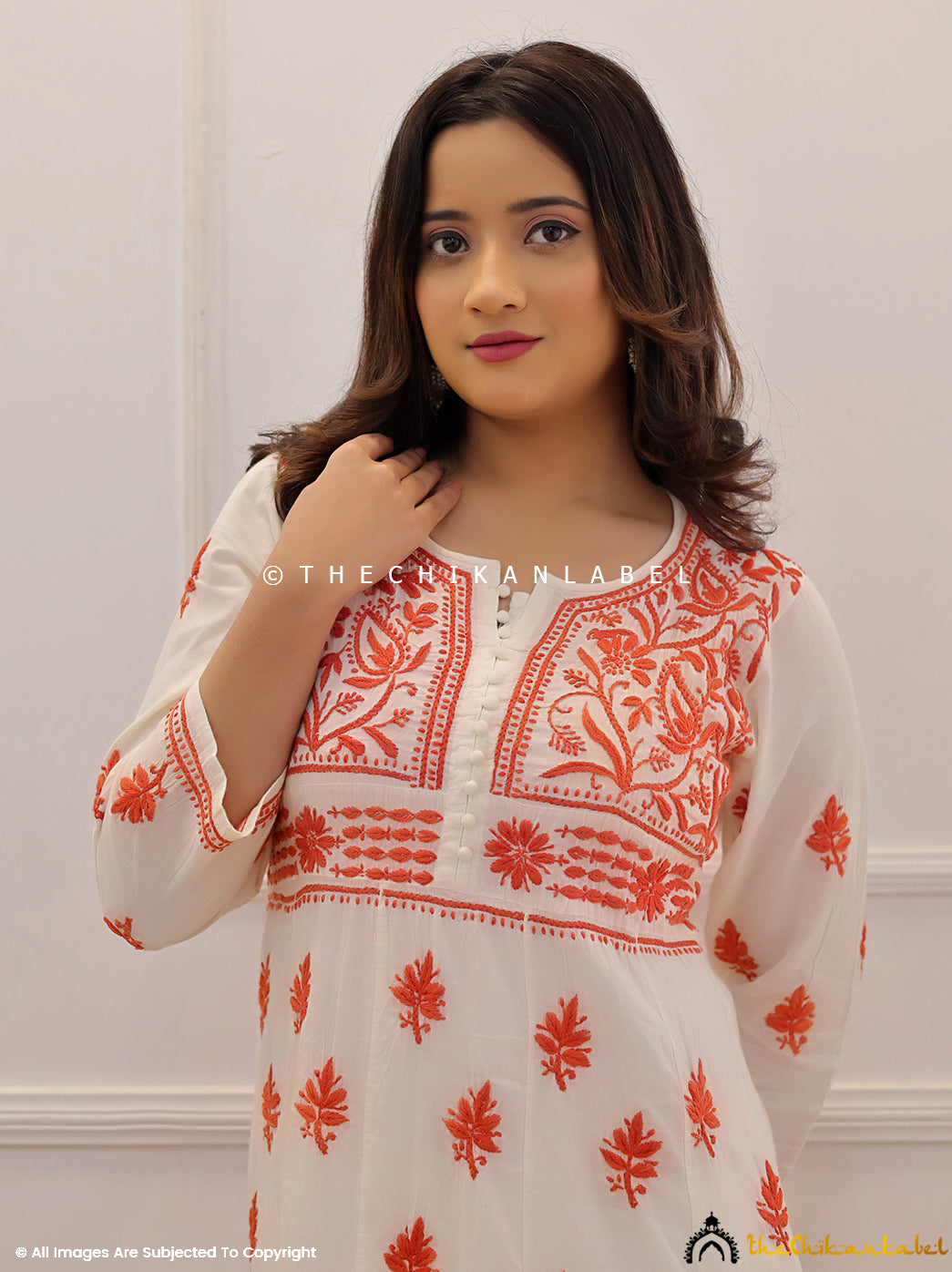 Red Cotton Chikankari Anarkali Kurti