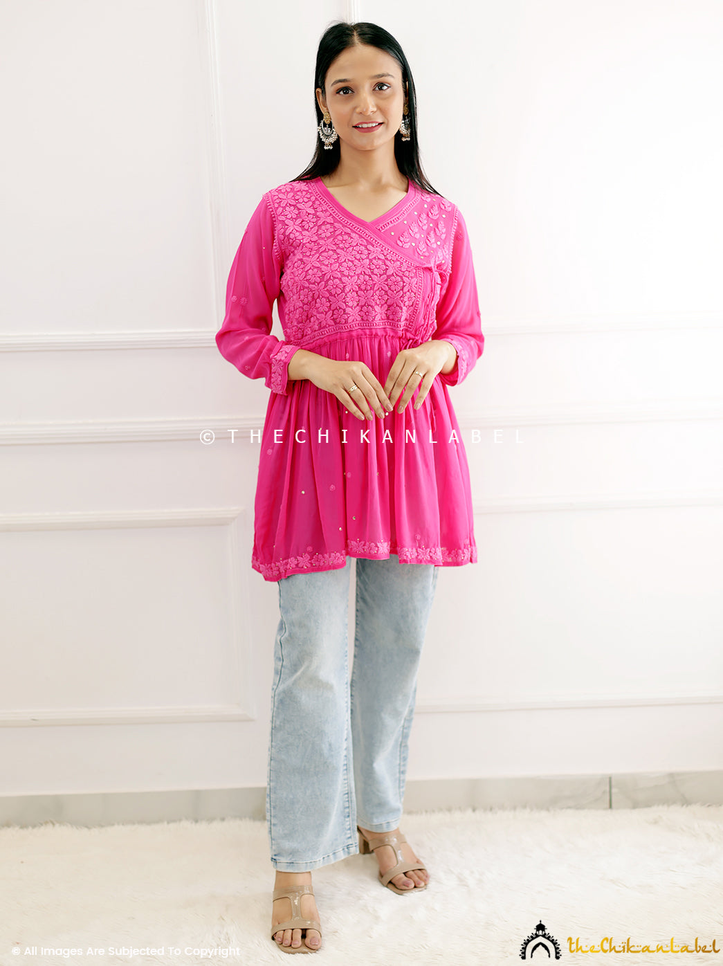 Hot Pink Viscose Chikankari Peplum Angrakha