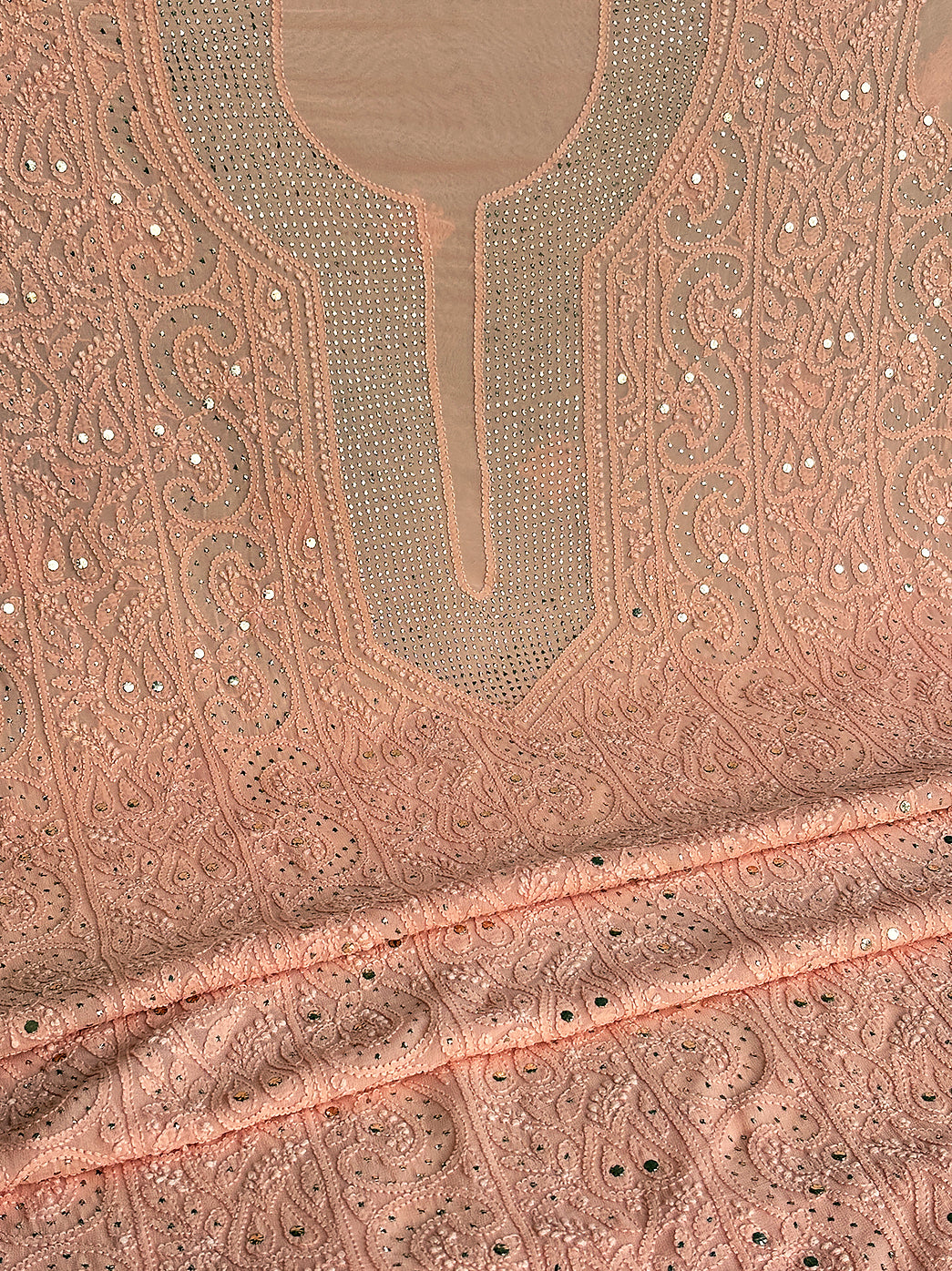 Peach Viscose Chikankari Un-Stitched Kurta with Dupatta