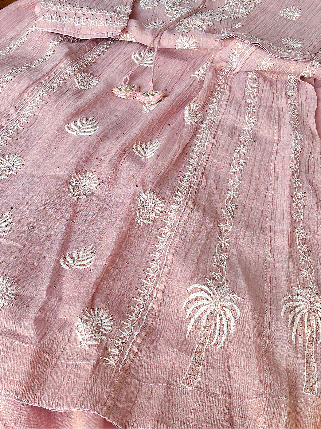 Peach Roomi Tissue Silk Chikankari Straight Kurti With Dupatta