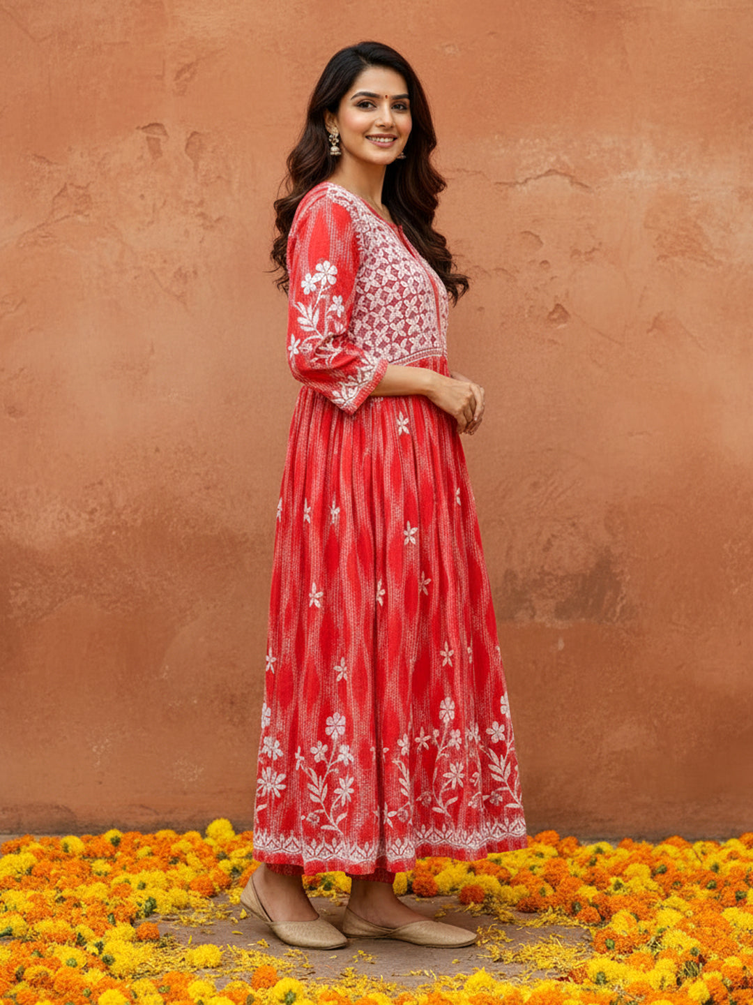 Peach Mulmul Chikankari Anarkali Kurta