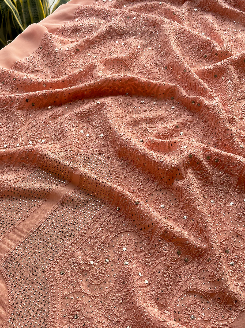 Peach Viscose Chikankari Un-Stitched Kurta with Dupatta