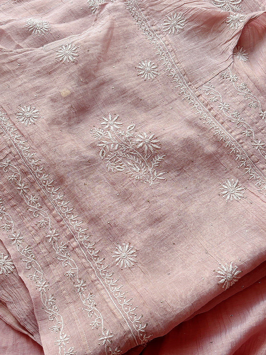 Peach Roomi Tissue Silk Chikankari Straight Kurti With Dupatta