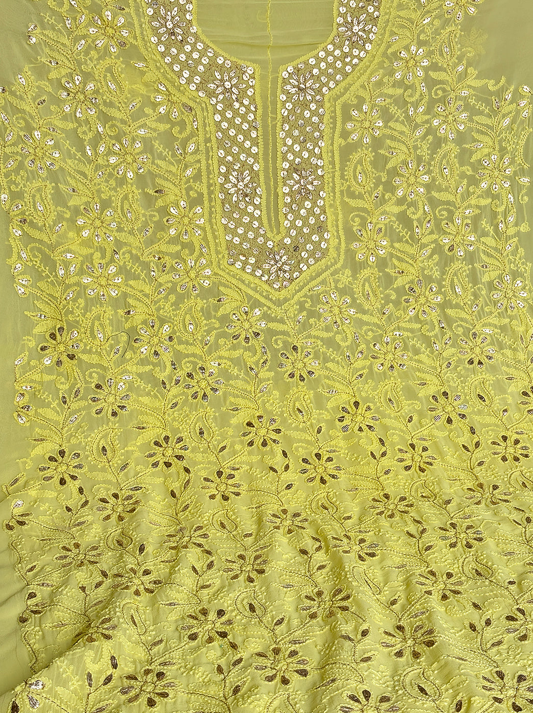 Lime Yellow Shiza Viscose Un-Stitched Chikankari Gota Patti Suit