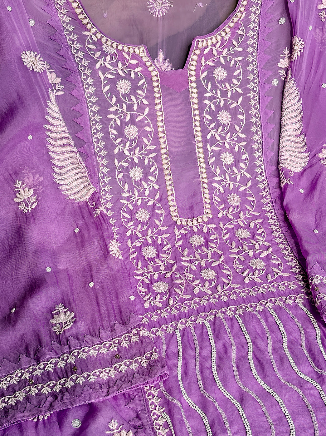 Purple Semi-Stitched Organza Chikankari Suit