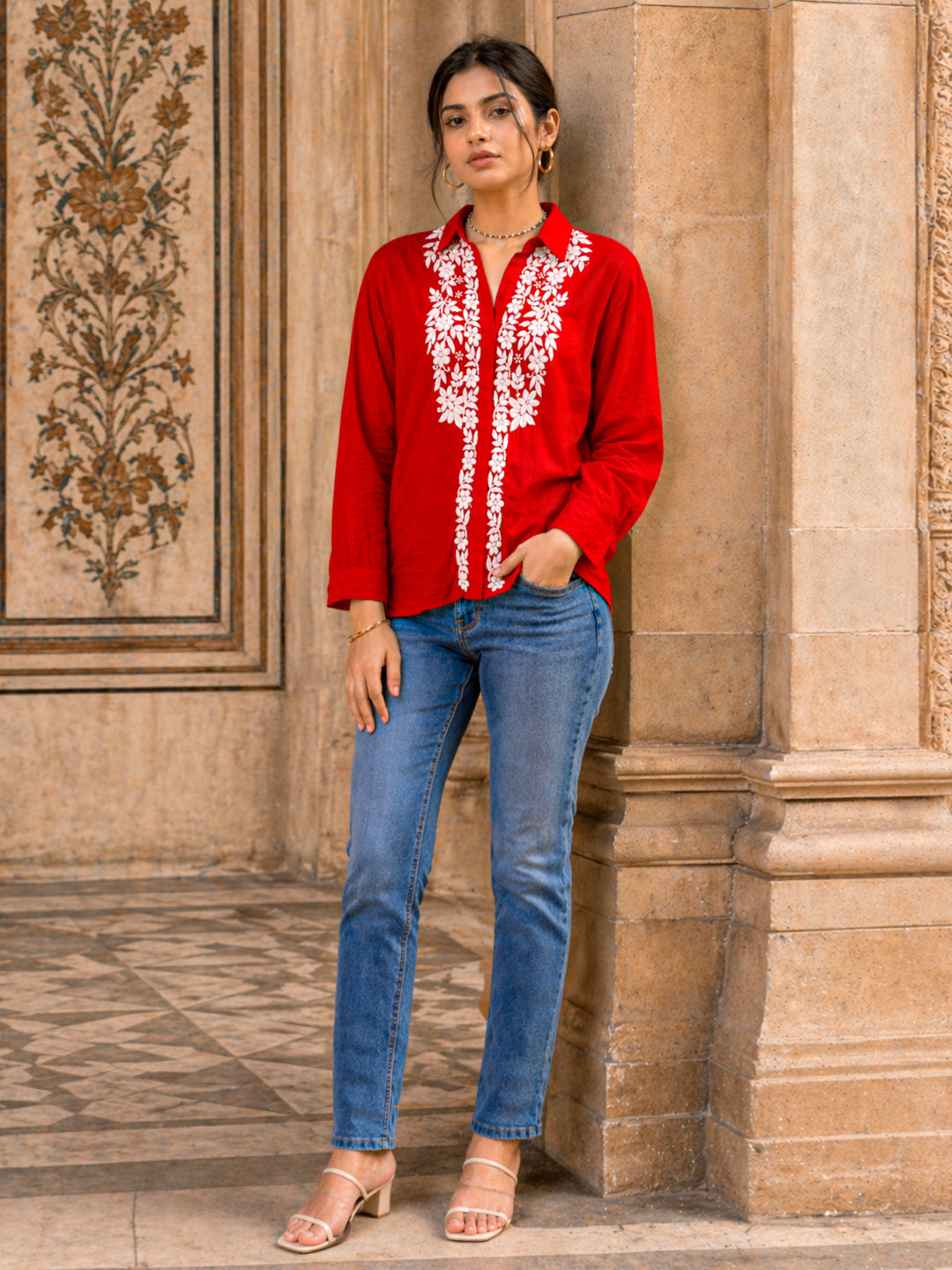 Drisha Mulmul Cotton Chikankari Shirt - Red