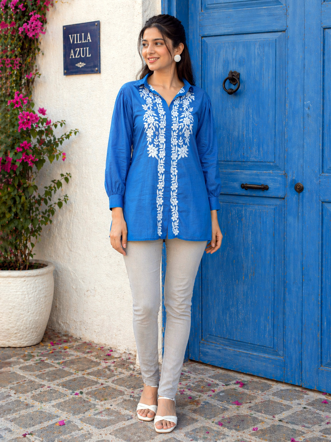 Drisha Mulmul Cotton Chikankari Shirt - Blue