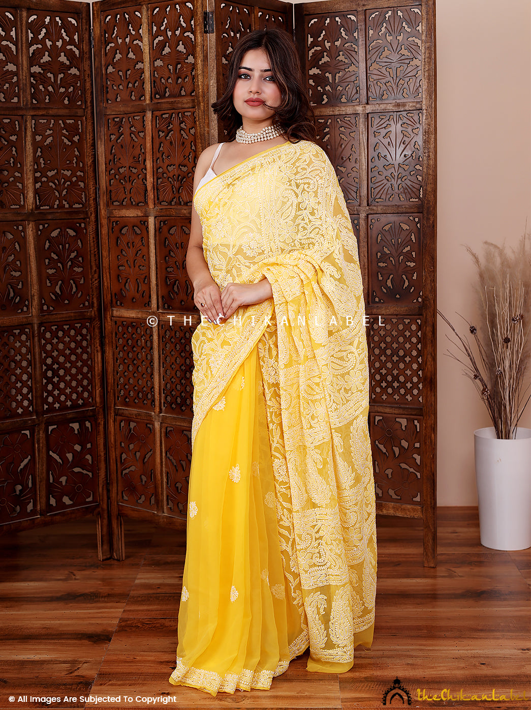 Yellow Sahira Georgette Chikankari Half Jaal Saree