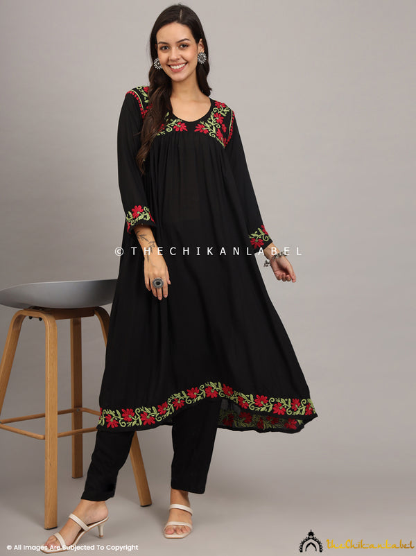 Woman wearing a black Alia-cut Anarkali kurta in breathable modal fabric