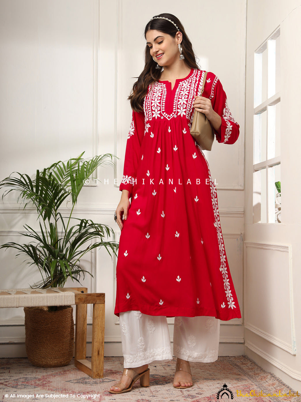 Red Aardhya Rayon Chikankari A-Line Kurti