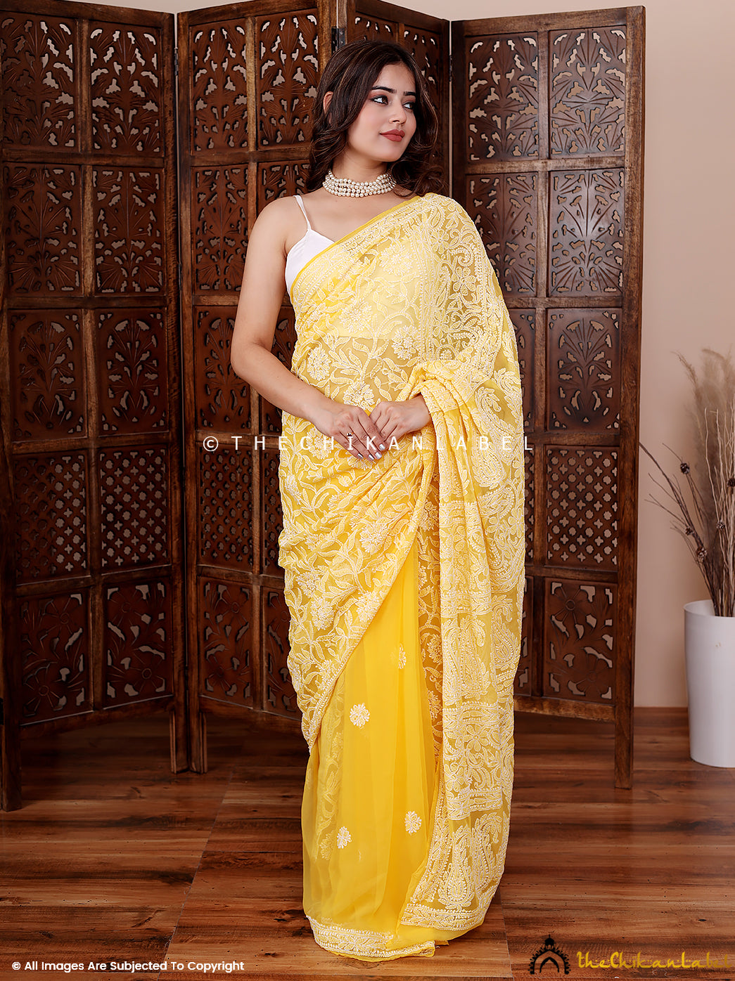 Yellow Sahira Georgette Chikankari Half Jaal Saree