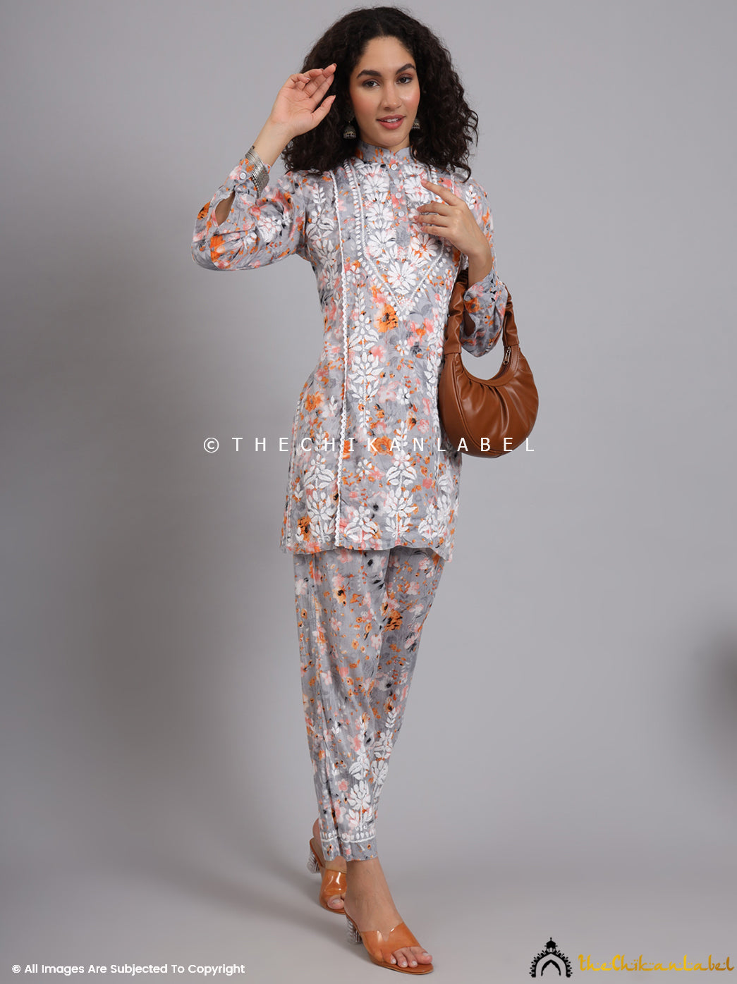 Orange Yashi Mulmul Printed Chikankari Co-ord Set