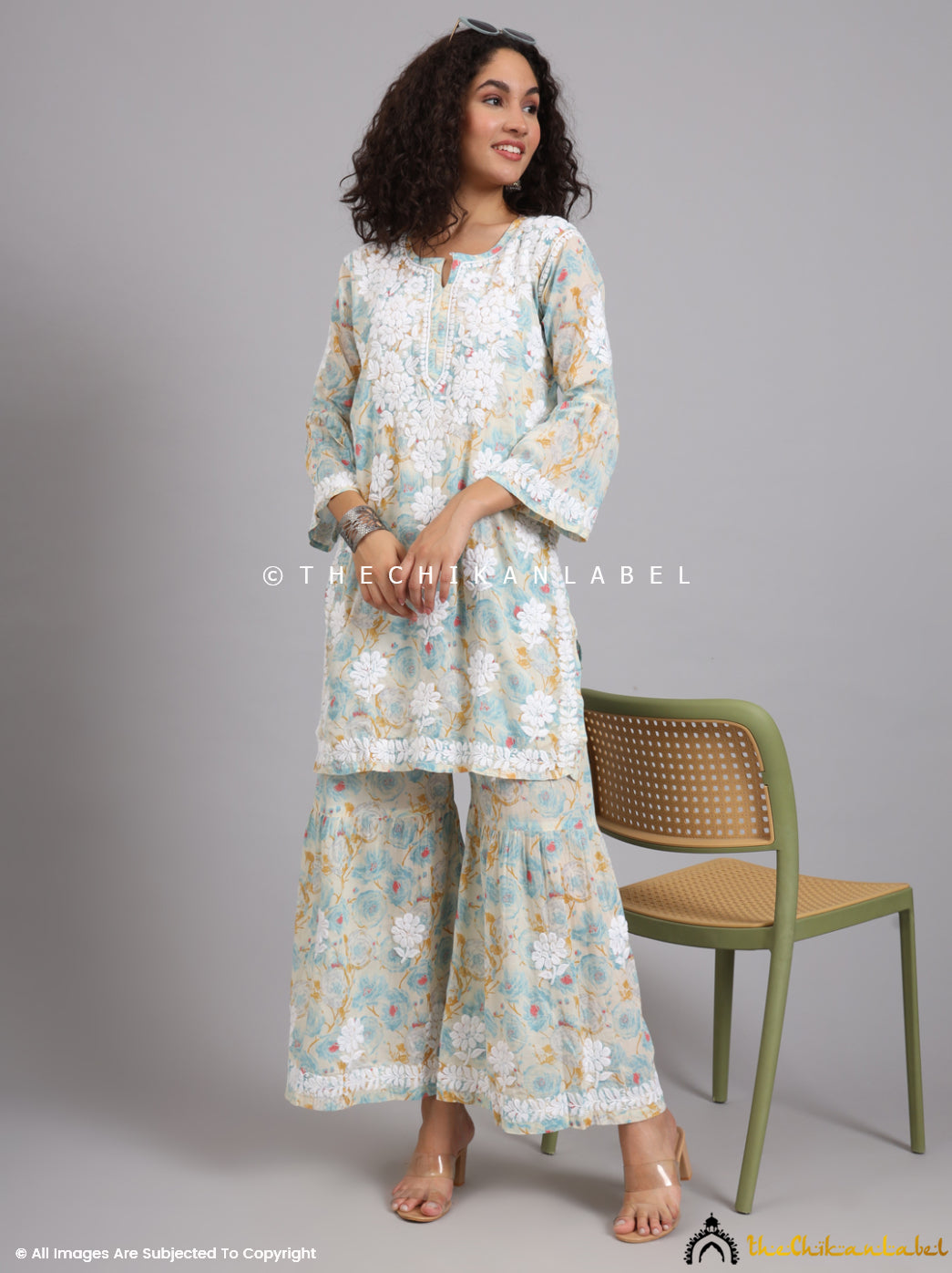 Blue Tarz Mulmul Cotton Chikankari Kurta Garara Set