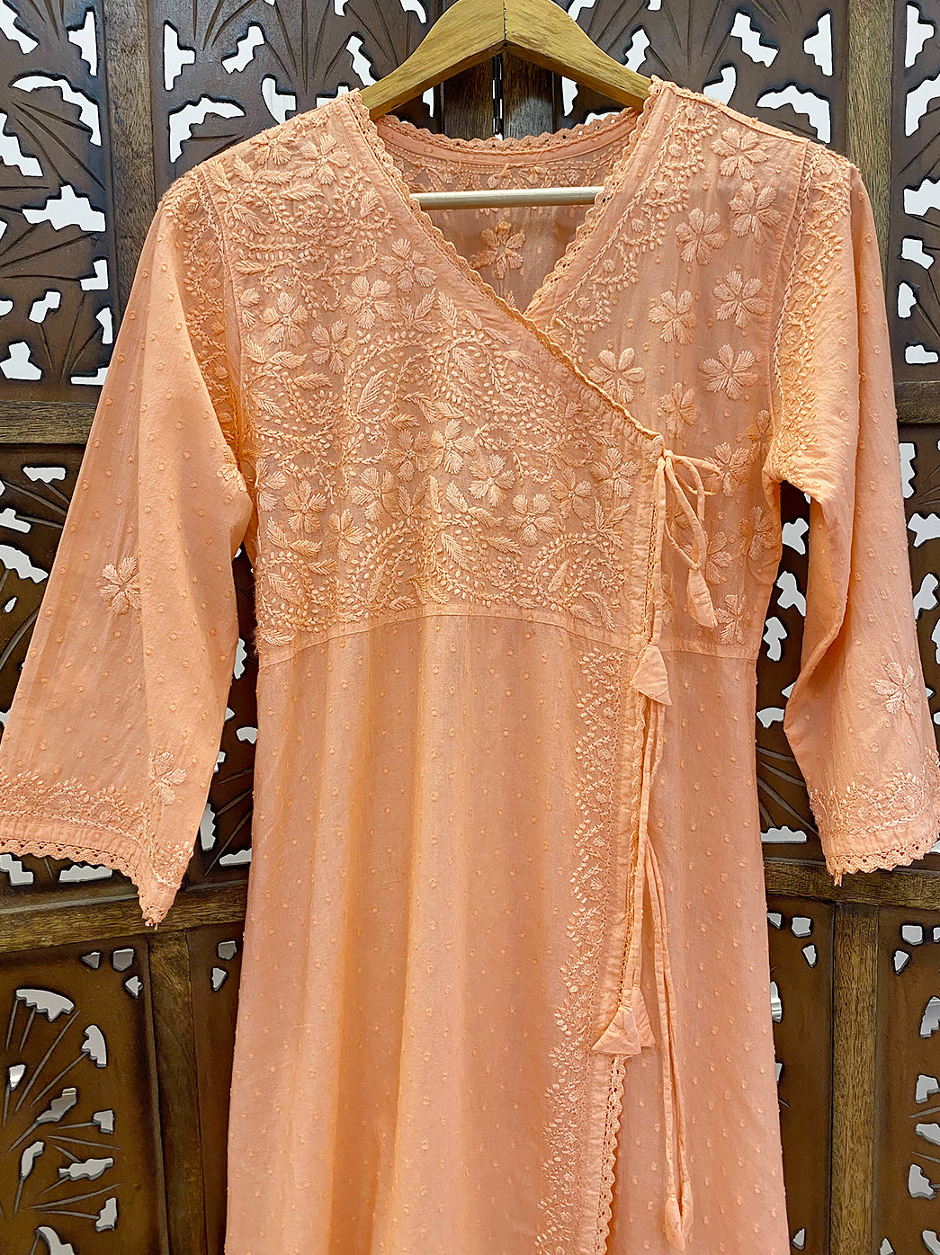 Peach Cotton Chikankari Angrakha
