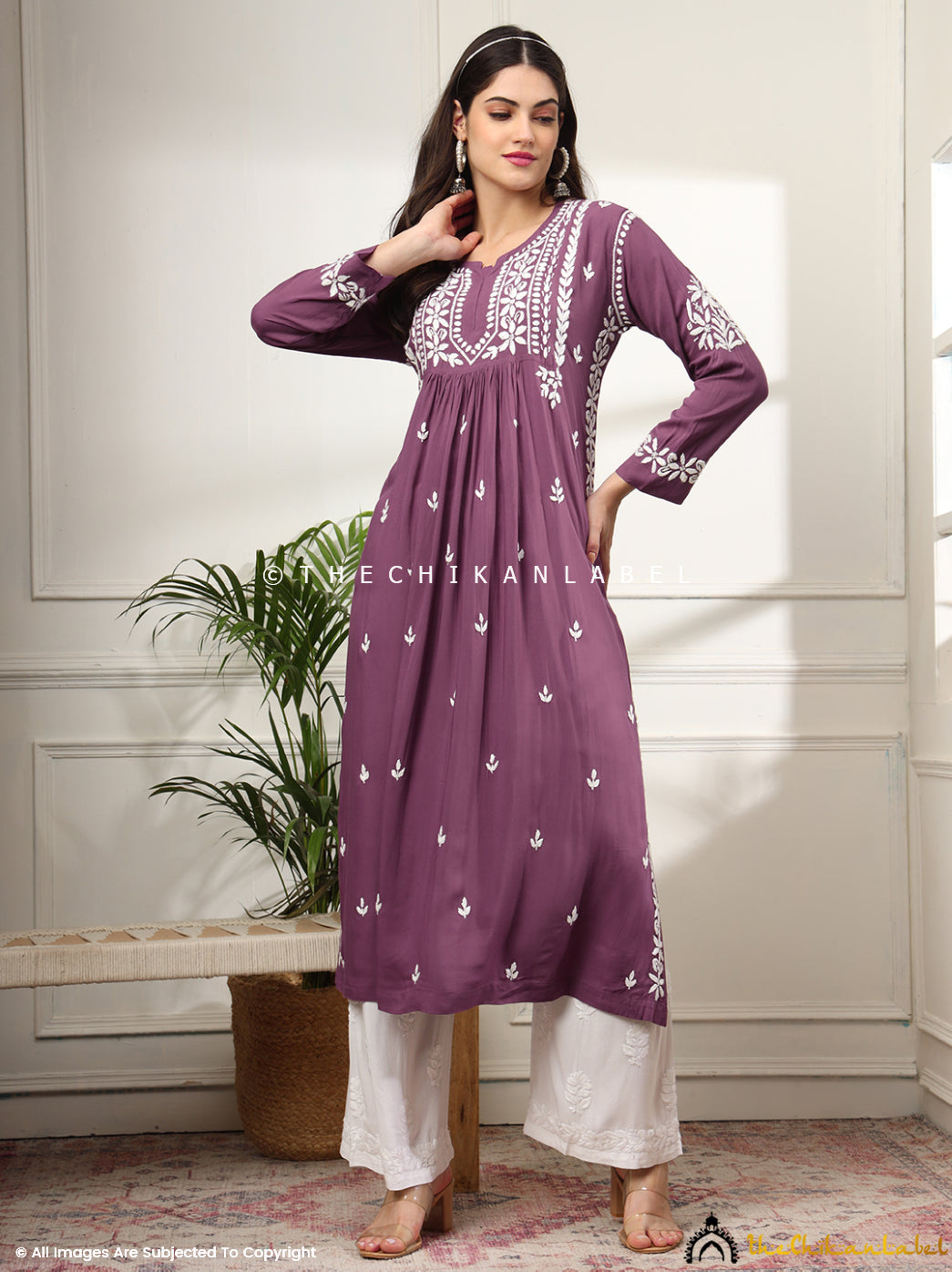 Mauve Aardhya Rayon Chikankari A-Line Kurti