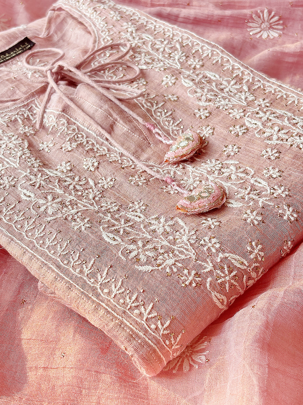 Peach Roomi Tissue Silk Chikankari Straight Kurti With Dupatta