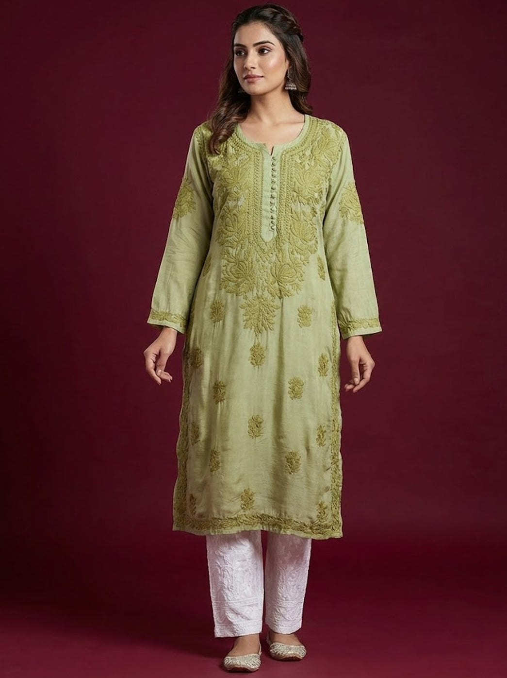 Green Muslin Chikankari Straight Kurti