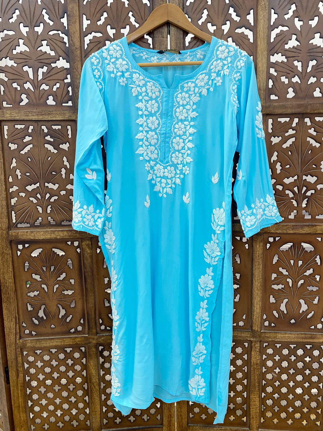 Sky Blue Rayon Chikankari Straight Kurti