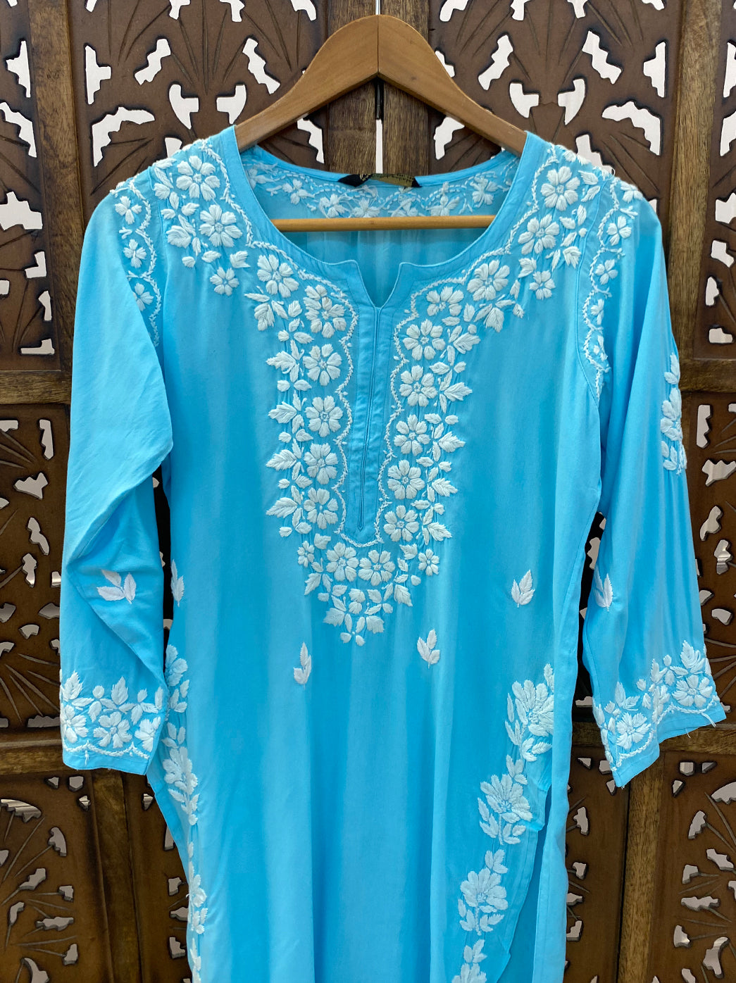 Sky Blue Rayon Chikankari Straight Kurti