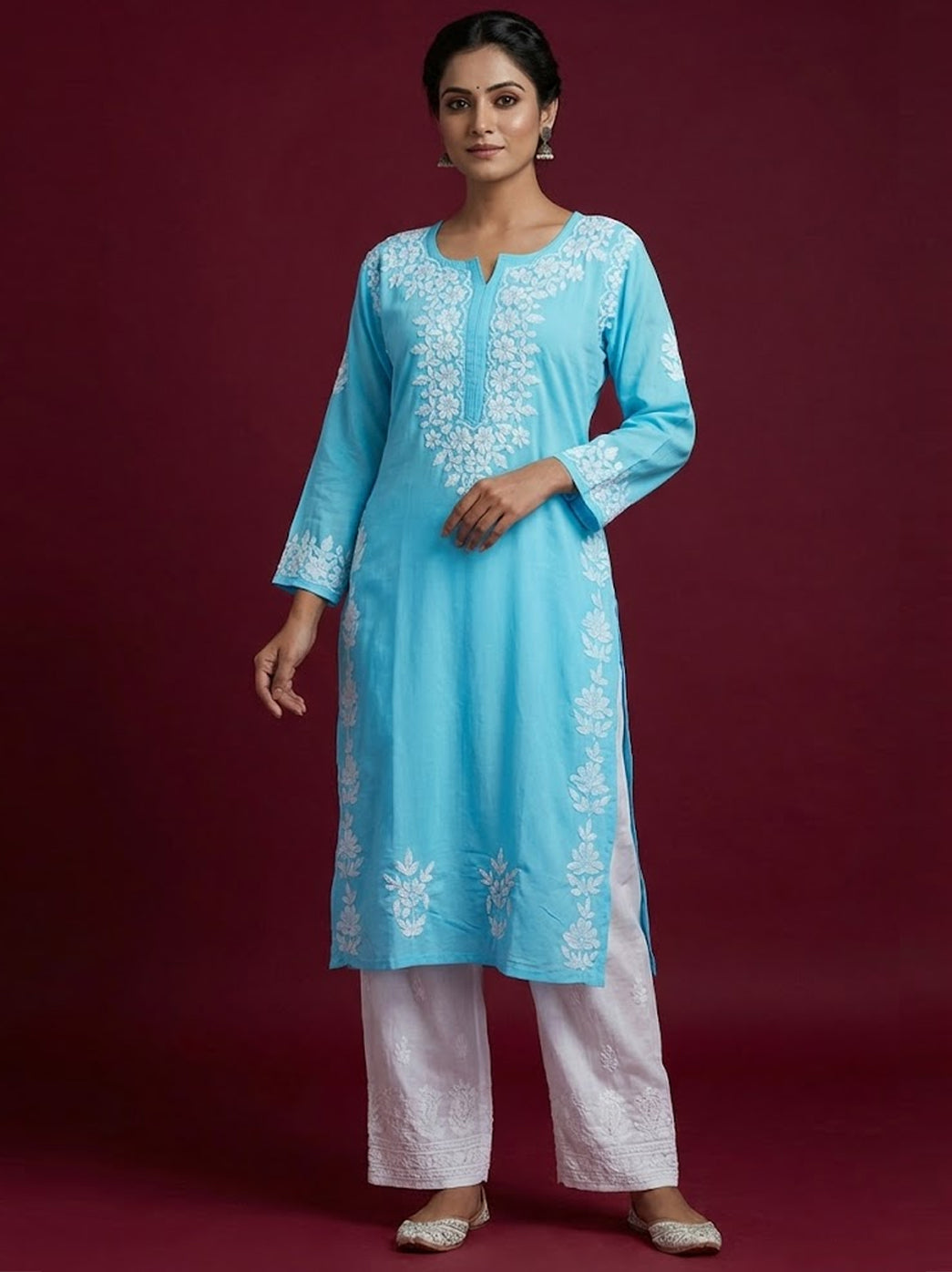 Sky Blue Rayon Chikankari Straight Kurti