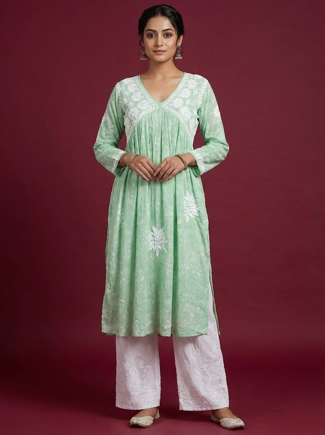 Pista Green Mulmul Chikankari Anarkali