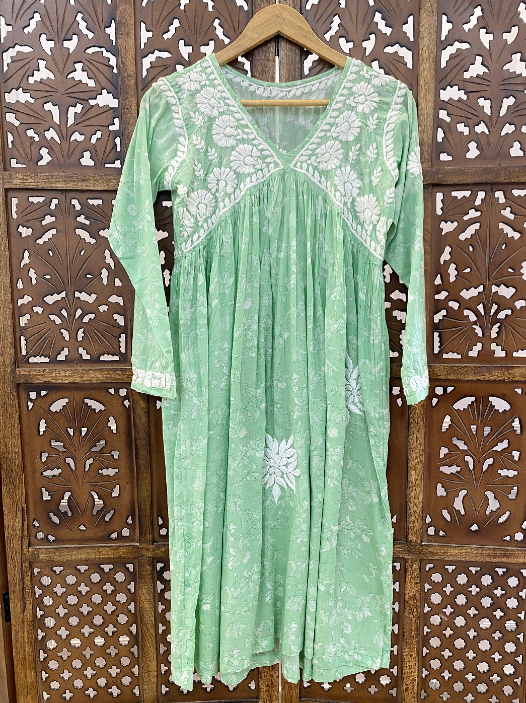 Pista Green Mulmul Chikankari Anarkali