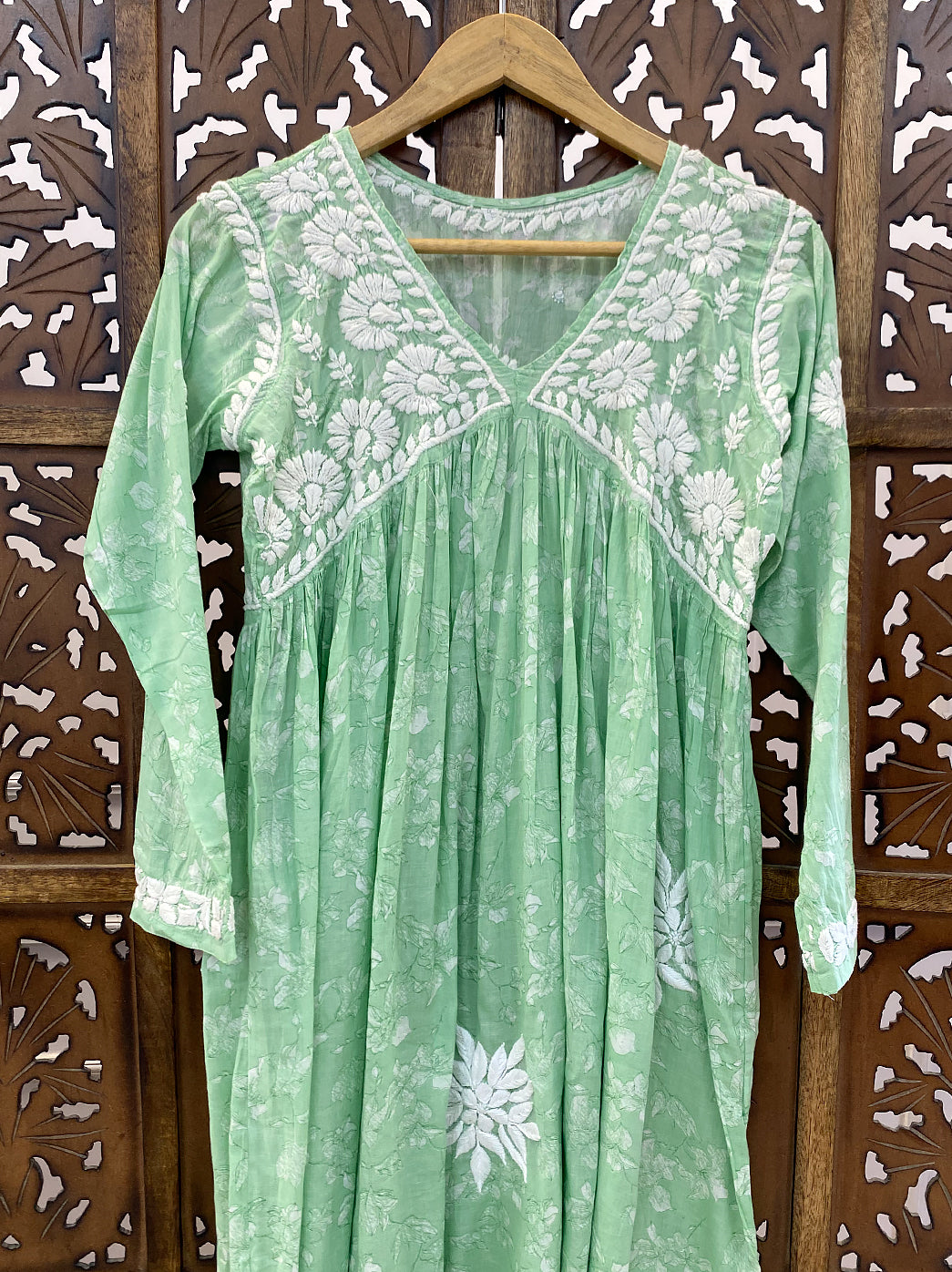 Pista Green Mulmul Chikankari Anarkali