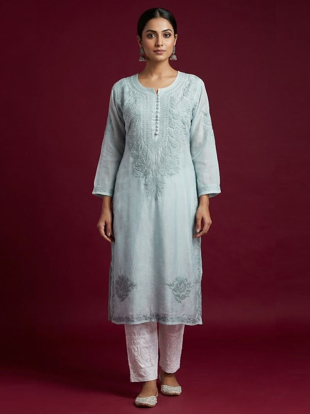 Grey Muslin Chikankari Straight Kurti
