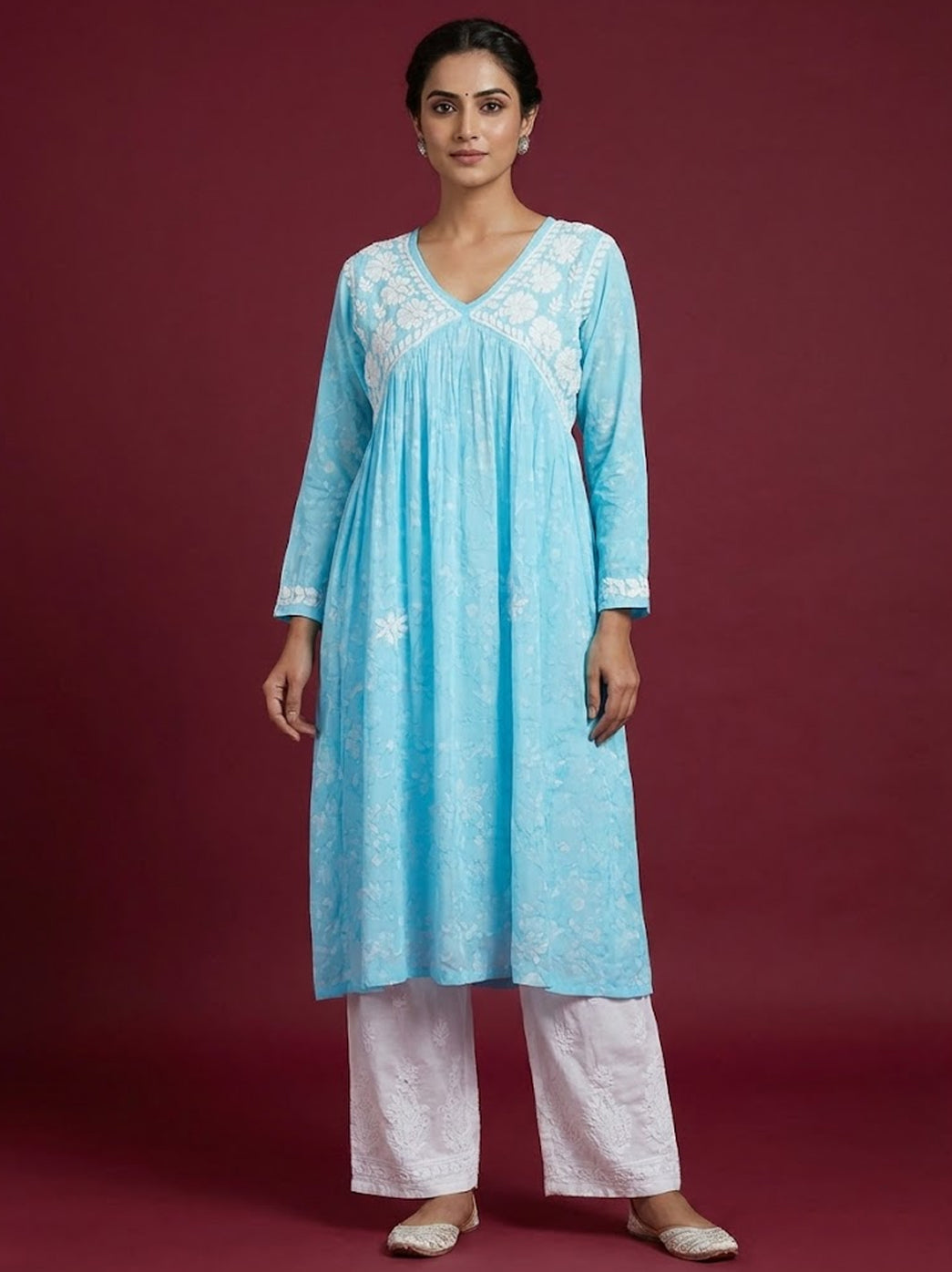 Sky Blue Mulmul Chikankari Anarkali
