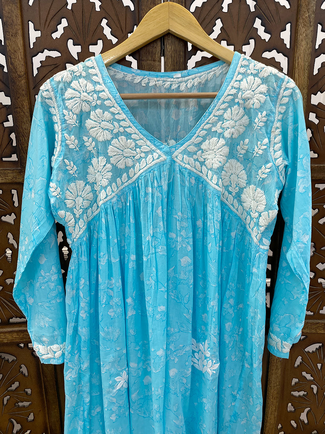 Sky Blue Mulmul Chikankari Anarkali