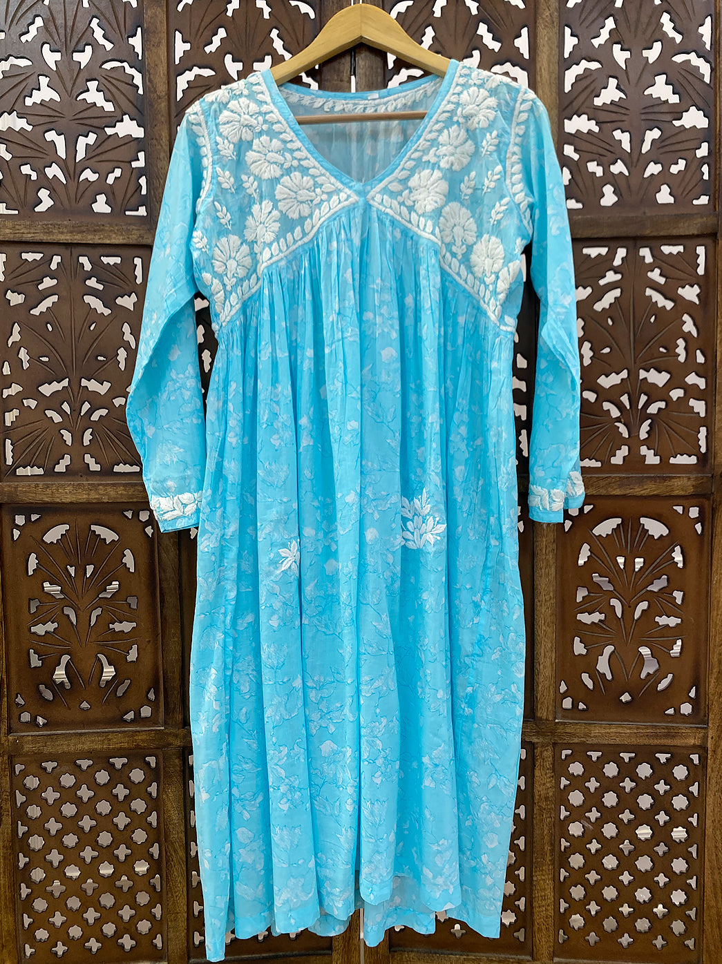 Sky Blue Mulmul Chikankari Anarkali