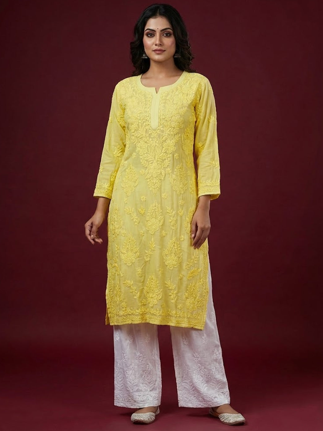 Yellow Muslin Chikankari Straight Kurti