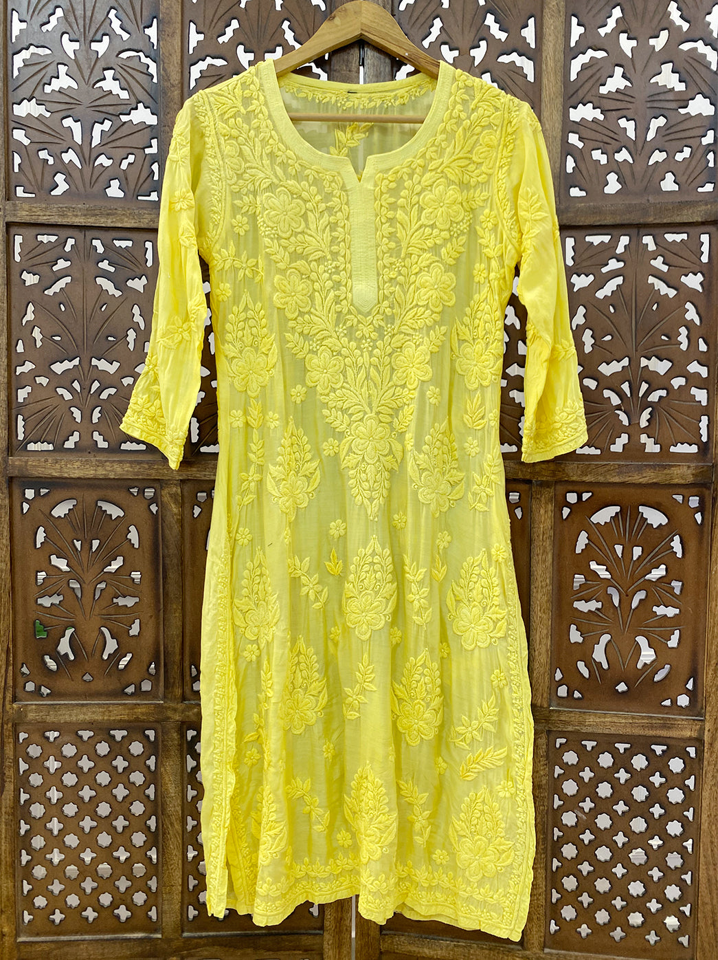 Yellow Muslin Chikankari Straight Kurti