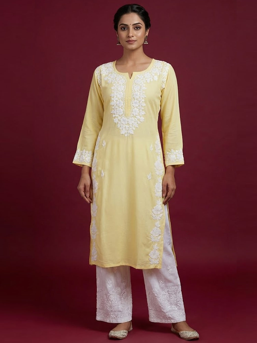 Yellow Rayon Chikankari Straight Kurti