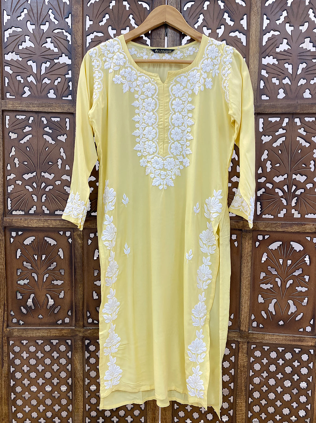Yellow Rayon Chikankari Straight Kurti