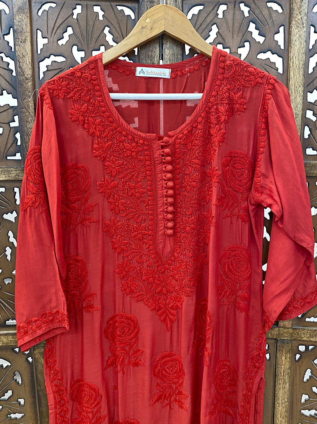 Red Gulaab Muslin Chikankari Straight Kurti
