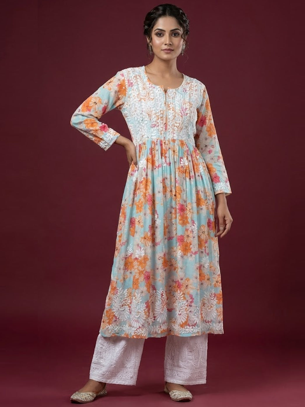 Sea Green Mulmul Printed Chikankari A-Line Kurti