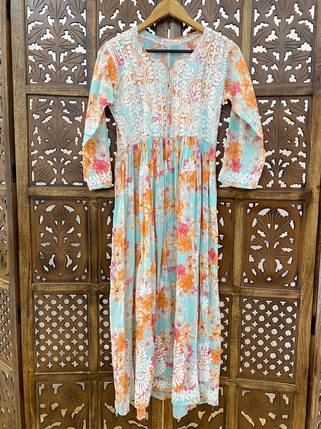 Sea Green Mulmul Printed Chikankari A-Line Kurti