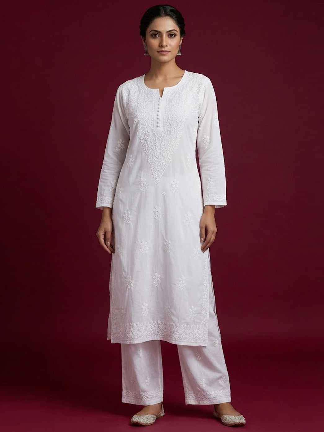 White Cotton Chikankari Straight Kurti