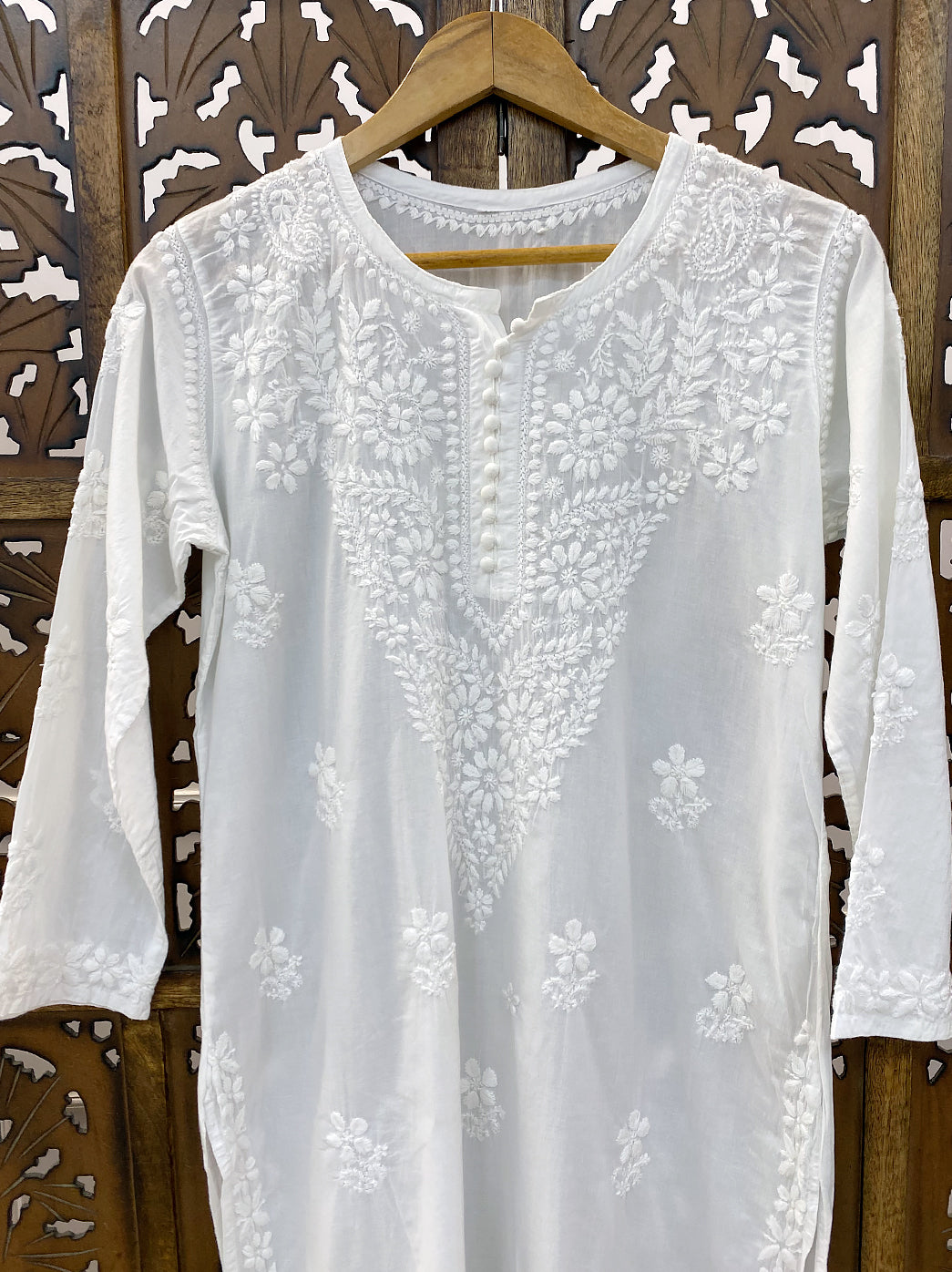 White Cotton Chikankari Straight Kurti