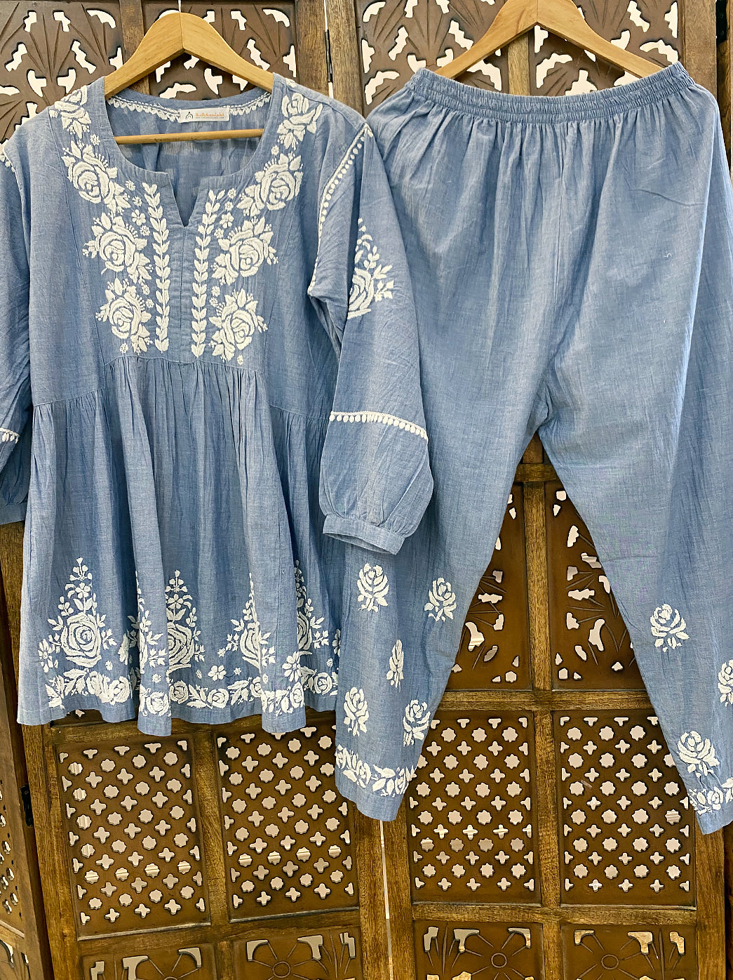 Grey Denim Chikankari Short Kurta Set