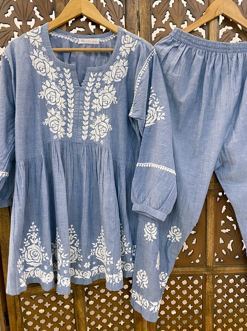Grey Denim Chikankari Short Kurta Set