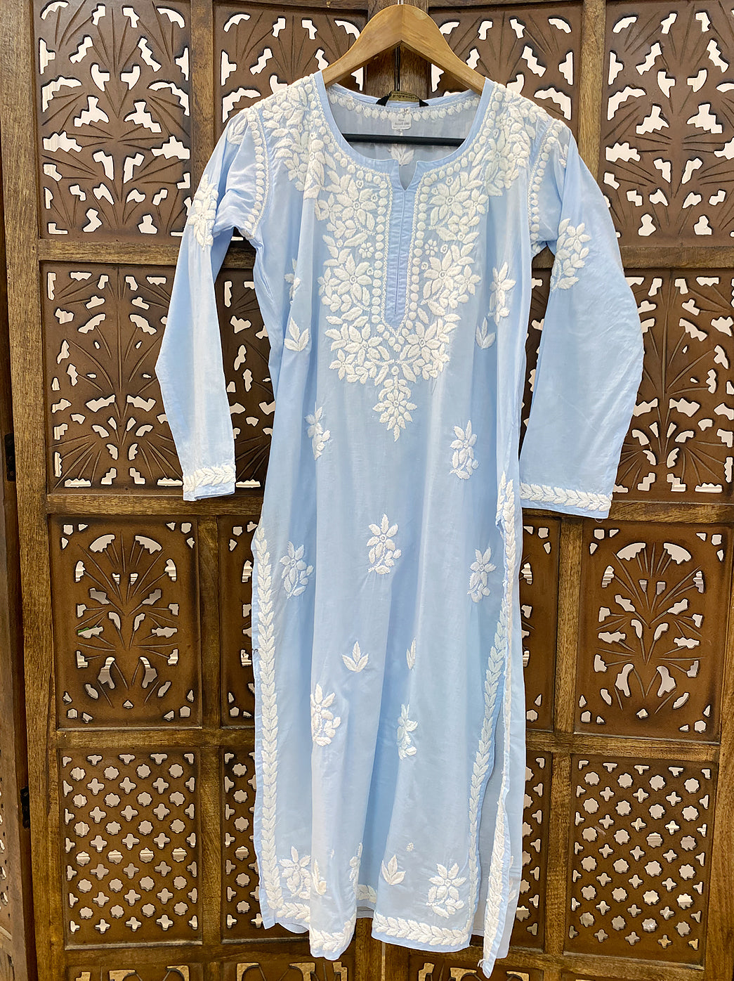 Powder Blue Cotton Chikankari Straight Kurti
