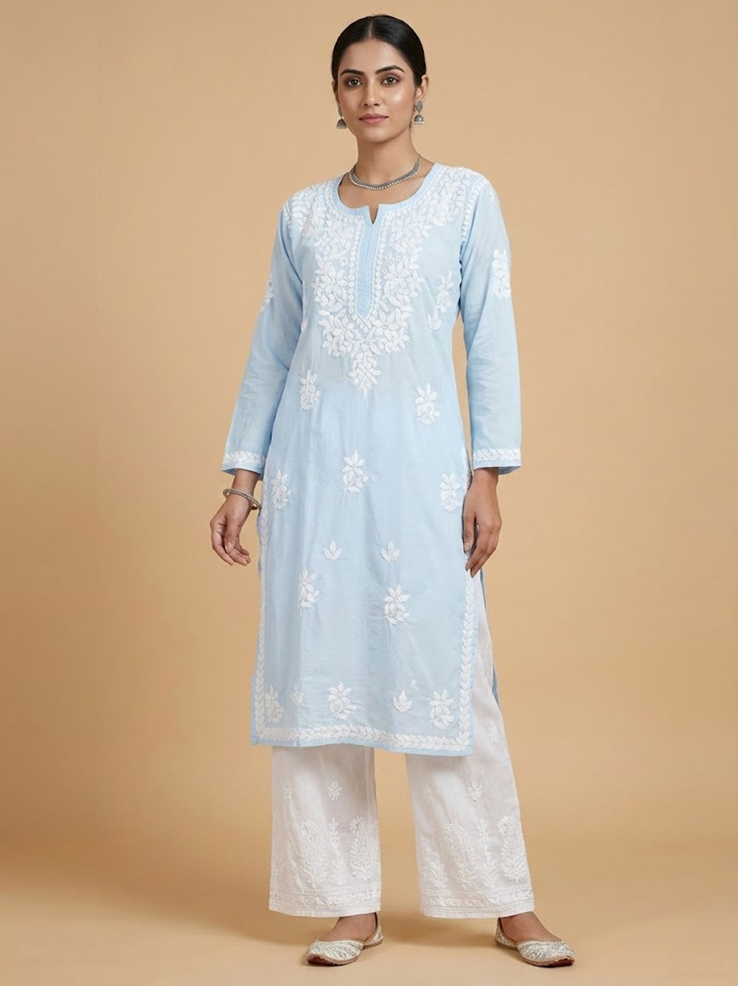 Powder Blue Cotton Chikankari Straight Kurti
